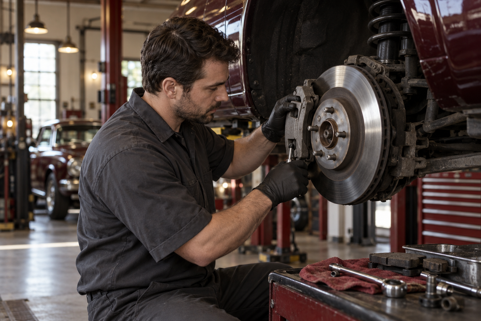 Technician servicing a brake assembly