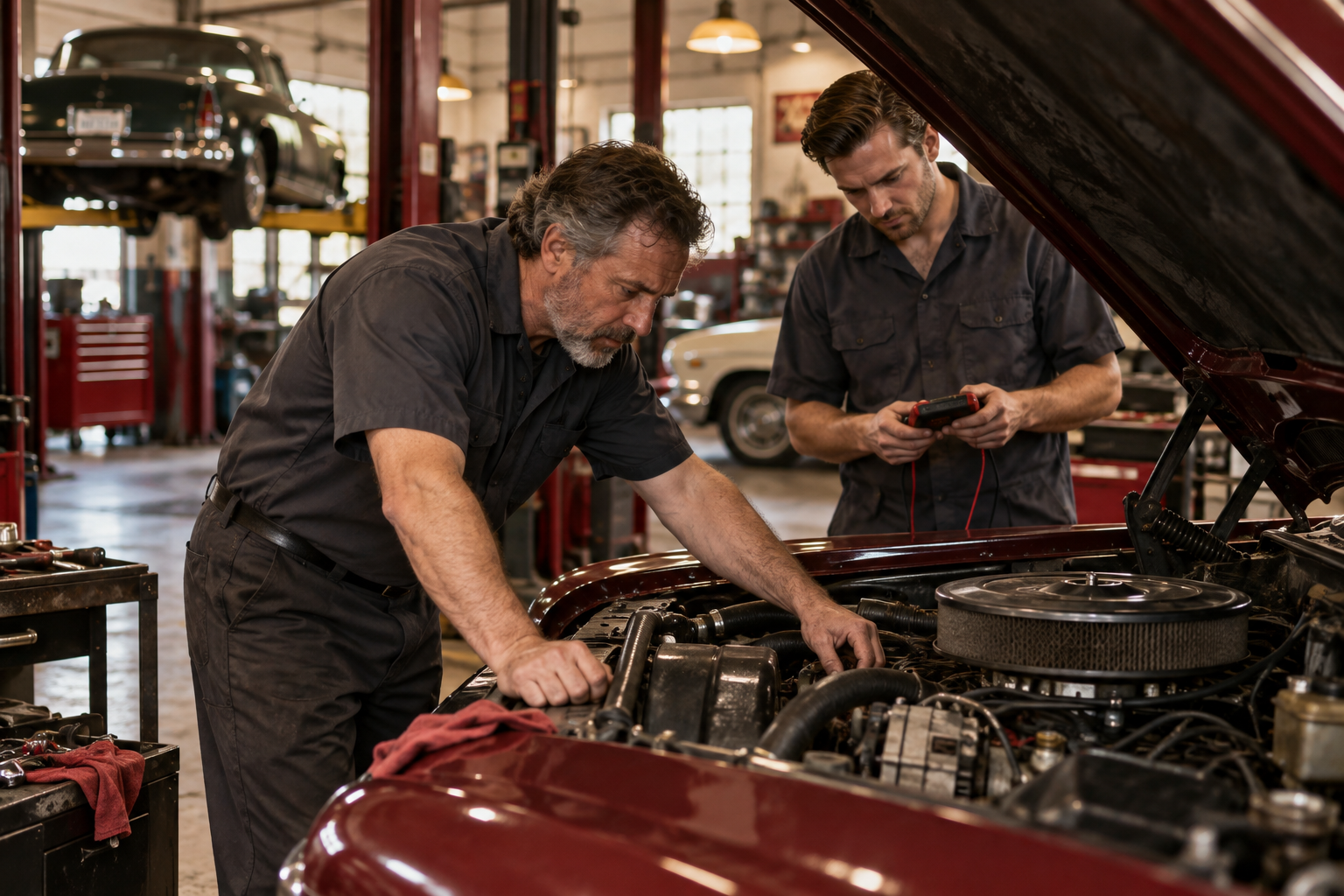 Two technicians servicing an engine
