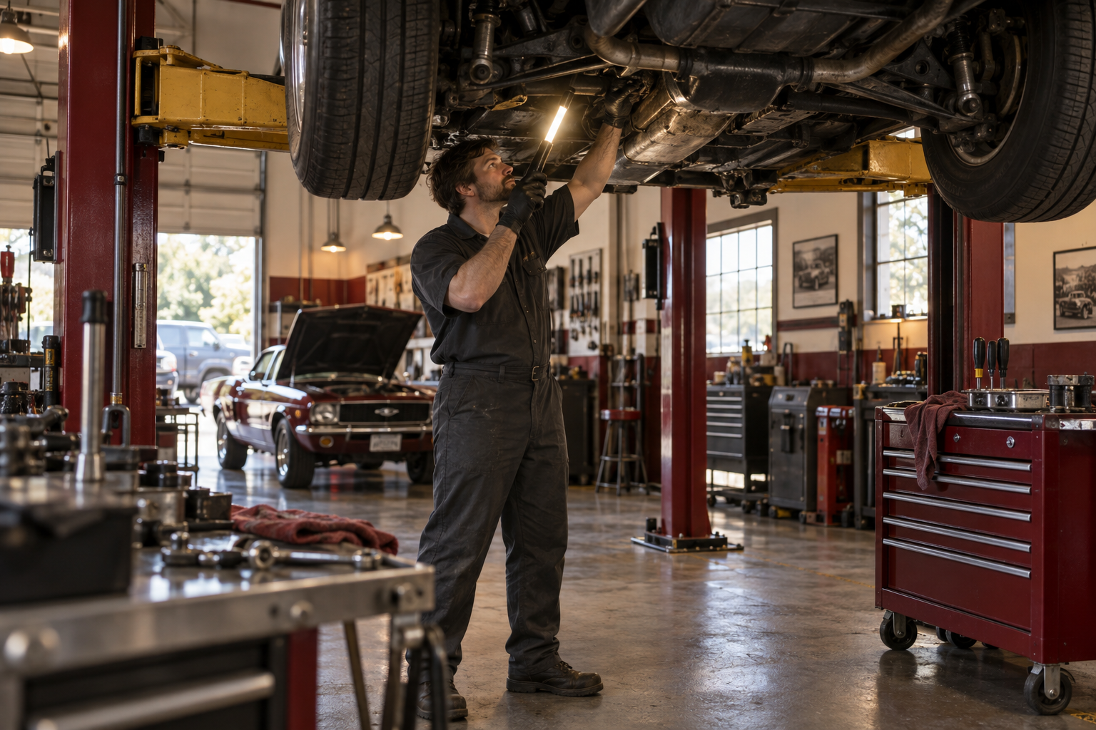 Technician inspecting the underside of a vehicle on a lift